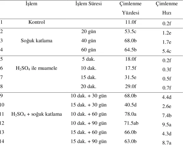 Tablo 9.  Farklı İşlemlere Ait Pyracantha coccinea Tohumlarının Çimlenme Yüzdesi  (ÇY) ve Çimlenme hızı (PV) Değerleri 