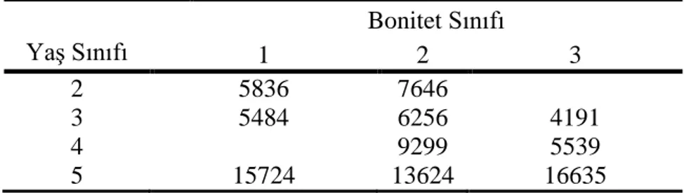 Tablo 9.  Bonitet Sınıfı-YaĢ Sınıfı ĠliĢkisine Göre Ortalama Kalın Kök Kütlesi DeğiĢimi (kg)