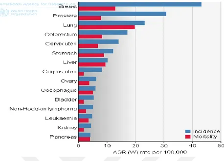 Şekil 1. 1. Dünyada kadınlarda görülen kanser istatistikleri (GLOBOCAN, 2012)  Meme bezinin dinamik yapısı onu mastitis ve meme kanseri gibi meme hastalıklarına  karşı  savunmasız  olmasını  sağlar