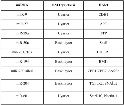 Tablo 2. EMT/MET’de yer alan miRNA’lar [51]. 
