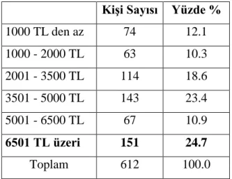 Tablo 6.5: Katılımcıların Gelir Düzeyleri 