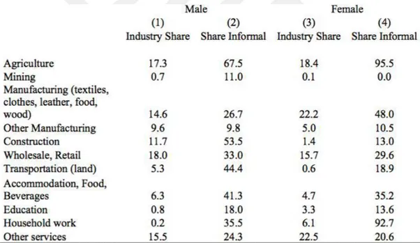 Table 5. Industry Distribution and Informality by Gender for Private Sector,  Paid Employment, Pre-Refugee 2011 (%) 