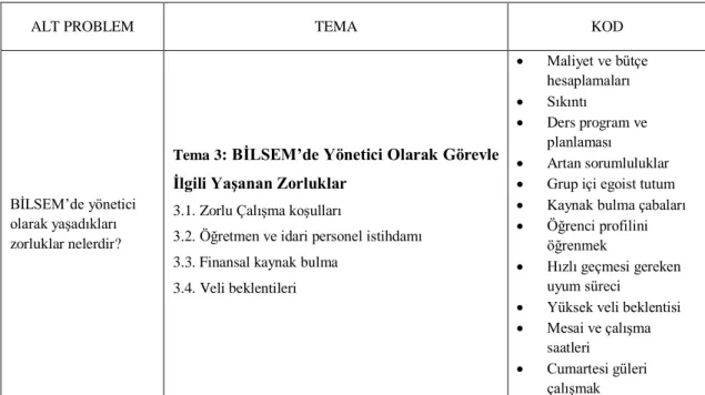 Tablo 4.3.3.1.: Alt Problemler, Temalar, Alt Temalar ve Kodlar 