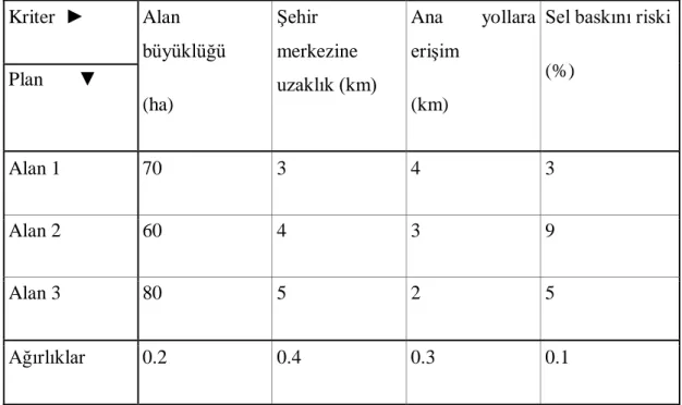 Tablo 2: Alan/Kriter Değerleri Tablosu 