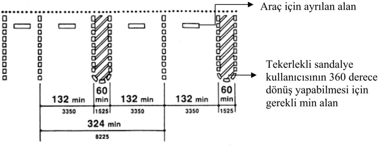 Şekil 3.4 : Engelliler için otoparklarda ayrılacak mekanın ölçüleri (ADA, 1994:569). 