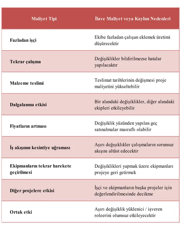 Tablo 2.2 : Proje maliyetleri üzerindeki değişikliklerin muhtemel etkileri (Devam) 