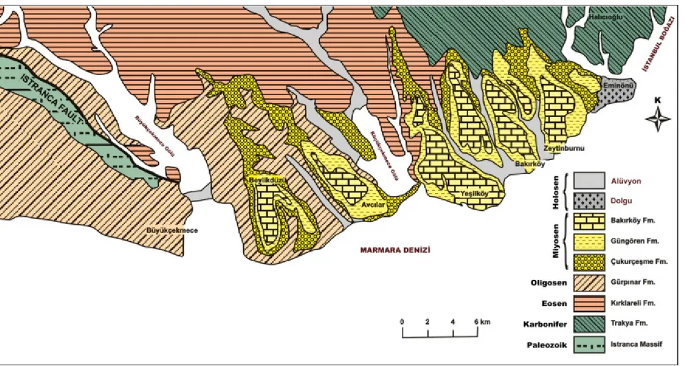 Şekil 2.1: İstanbul Avrupa yakası güneyinin genel jeoloji haritası (Arıç, 1955; Yalçınlar, 1976; Oktay ve Eren, 1999; Dalgıç, 2004) 