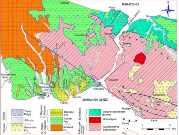 Şekil 2.4: İstanbul ve çevresinin güncellenmiş genel jeoloji haritası (Yıldırım ve diğ., 2010)   Şekil  2.5’te gösterilen stratigrafik  kesit  kabul  edildiğinde,  farklı  formasyon  sınırlarının  yarattığı  karışıklık  giderilerek,  gerçekleştirilmek  ist