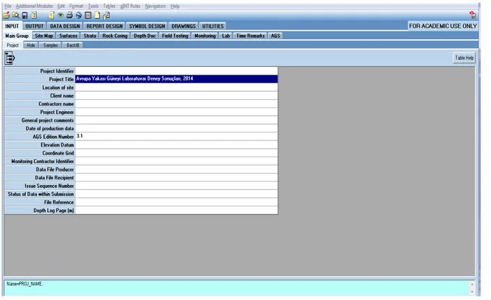 Şekil 3.1: gINT veri giriş uygulaması; proje ismi belirlenmesi     