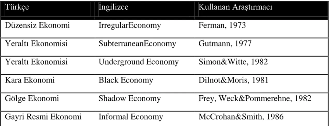 Tablo 2.1. Kayıt Dışı Ekonomi Kavramları