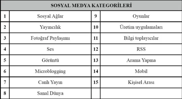 Tablo 3. Sosyal Medya Kategorileri 71