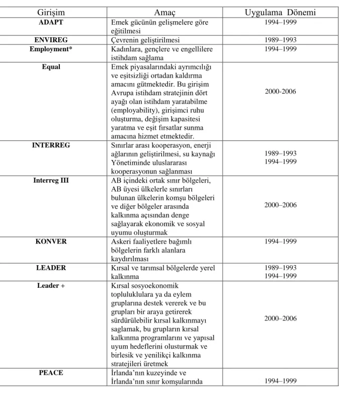 Tablo 3.1 : Avrupa Birliğinin Bölgesel Girişimleri 