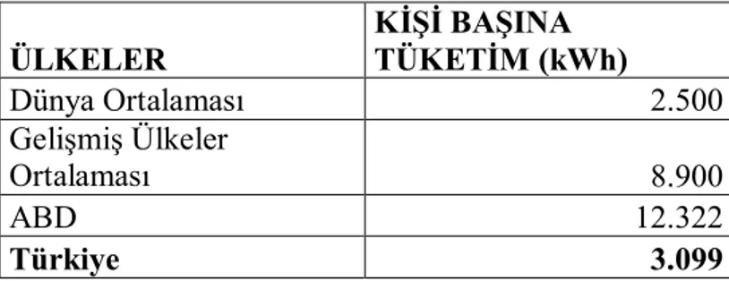 Tablo 1.4: 2011 Yılı Kişi Başına Yıllık Elektrik Enerjisi Tüketimi 