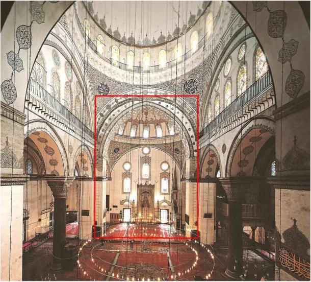 Şekil 3.2   II. Beyazıt Cami, yarım kubbesinin  bağlandığı kemerin altına, Mimar                                Sinan tarafından eklenen sivri kemer  ve taşıyıcı ayakları   