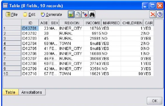 Şekil 2.12: ASCII veri dosyasınındaki kayıp değerlerin Clementine arayüzündeki  görüntüsü 