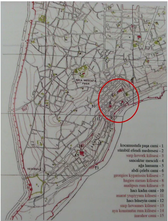 Şekil 39: Samatya Bölgesi’ndeki Bizans ve Osmanlı Dönemine ait Tarihi Yapılar (Müller-Wiener,2007:149)