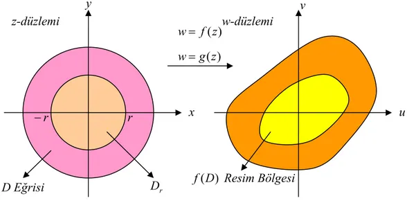 Şekil 1.5 rrDx y z-düzlemi D Eğrisi ( )( )wf zw g z== u v w-düzlemi )(Df Resim Bölgesi r−  