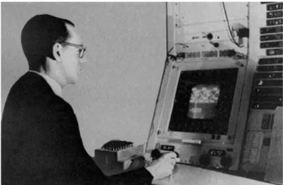Figure 4: Ivan Sutherland at the console of the MIT TX-1demonstrating  his PhD dissertation software Sketchpad in 1963.source MIT  (Source: http://accad.osu.edu/~waynec/history/lesson2.html) 