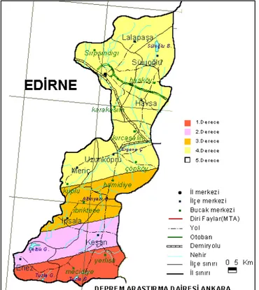 Şekil 3. Edirne Đli’nin deprem durumunu gösteren harita ( www.deprem.gov.tr). 
