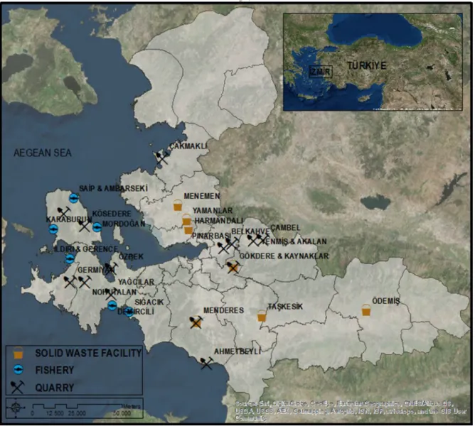 Fig. 2. Locations of three conﬂict facing LULUs in ˙Izmir (produced by authors on Google Earth image).