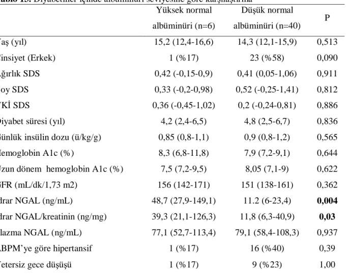 Tablo 13. Diyabetliler içinde albüminüri seviyesine göre karşılaştırma 