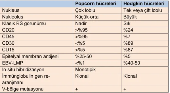 Tablo 3. L&amp;H ve klasik HL hücrelerinin morfolojik, immünofenotipik ve genetik  özellikleri 