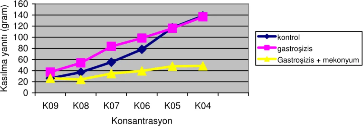 Grafik 1:Kontrol, gastroşizis ve gastroşizis + mekonyum gruplarında asetilkolinin  artan konsantrasyonun karşı görülen kasılma yanıtı eğrileri 