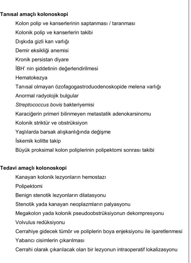 Tablo 1. Kolonoskopinin endikasyonları