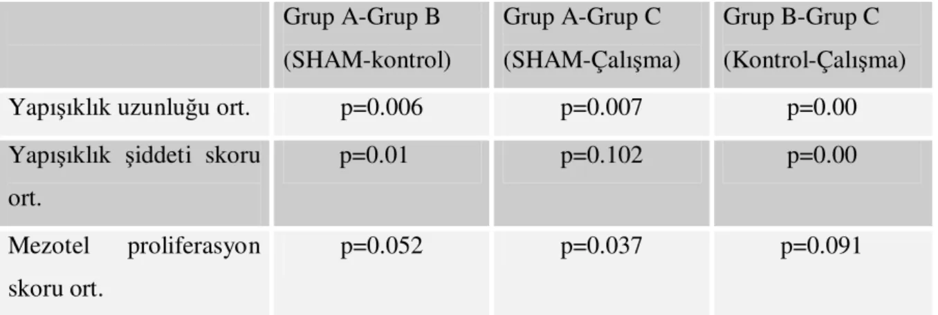 Tablo 6: Grup A-Grup B, Grup A-Grup C ve Grup B-Grup C’nin istatistiksel olarak 