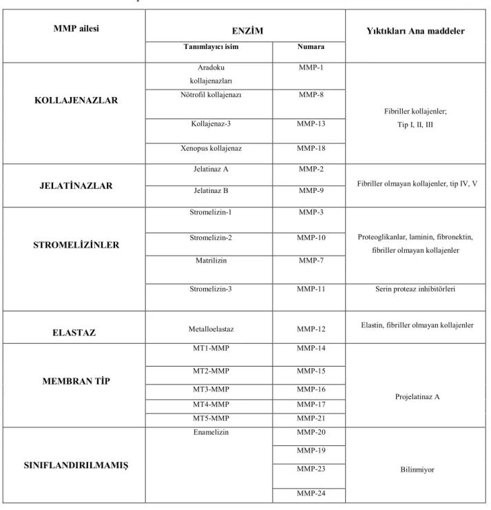 Tablo 1. Matriks Metalloproteinazlar