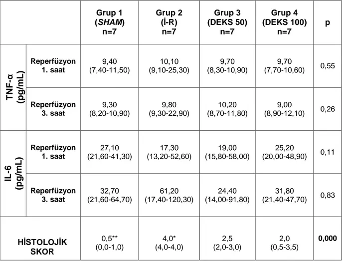 Tablo 1. Gruplar ın TNF-α ve IL-6 Değerleri, Akciğer Histolojik Skorları  