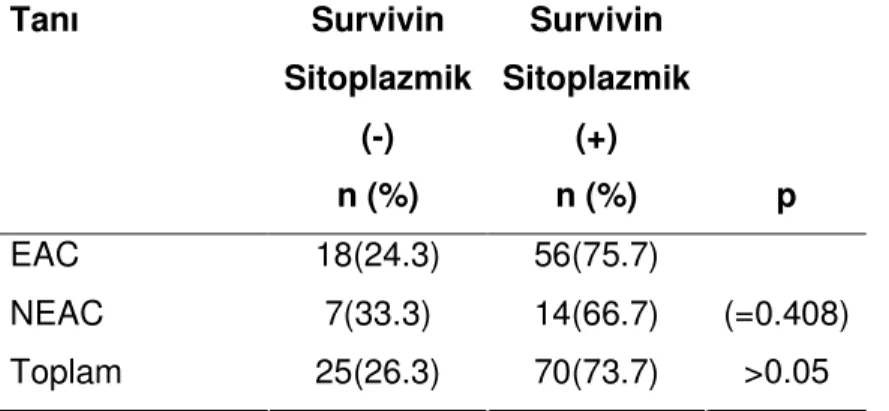 Tablo  10.  Survivinin  sitoplazmik  ekspresyonunun  EAC  ve  NEAC’li  olgularda  dağılımı  Tanı  Survivin  Sitoplazmik  (-)  n (%)  Survivin  Sitoplazmik (+) n (%)  p  EAC  18(24.3)  56(75.7)  NEAC  7(33.3)  14(66.7)  Toplam  25(26.3)  70(73.7)  (=0.408) 