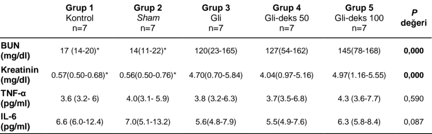 Tablo 7. Gruplar ın BUN, Kreatinin, TNF-α ve  IL-6 Değerleri [ortanca (min-max)] 