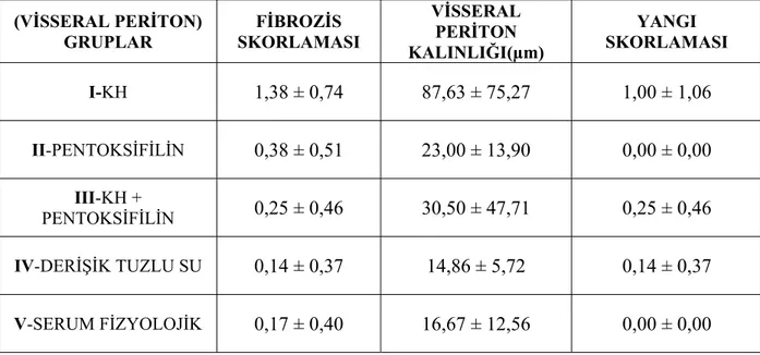 Tablo 6 da çalışma sonucunda visseral peritona ait fibrozis ve yangı skoru ile visseral periton  kalınlık ölçümlerinin tüm gruplarda ki ortalama ± standart sapma değerleri gösterilmiştir