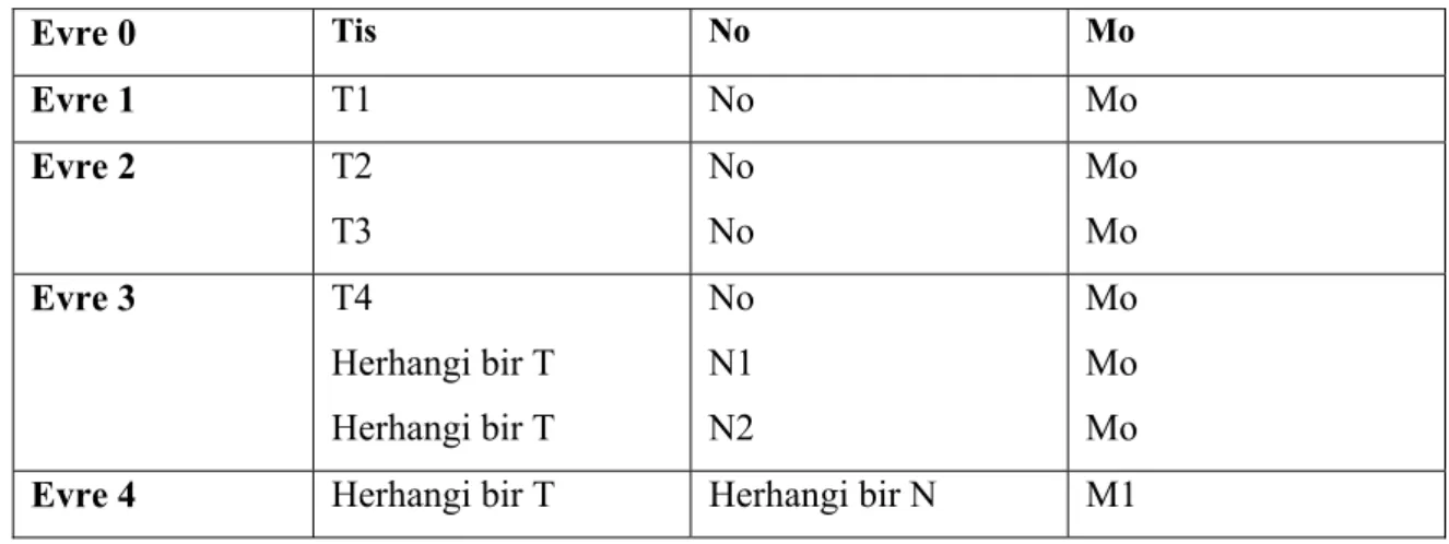 Tablo 4. TNM sınıflaması  Evre 0  Tis  No Mo Evre 1  T1 No Mo  Evre 2  T2  T3  No No  Mo Mo  Evre 3  T4  Herhangi bir T  Herhangi bir T  No N1 N2  Mo Mo Mo 