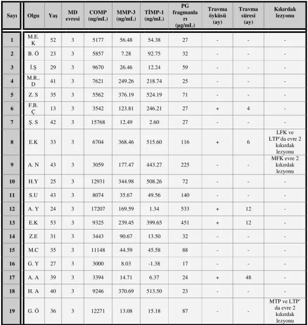 Tablo 9:  B grubundaki olguların biyokimyasal belirteç düzeyleri 