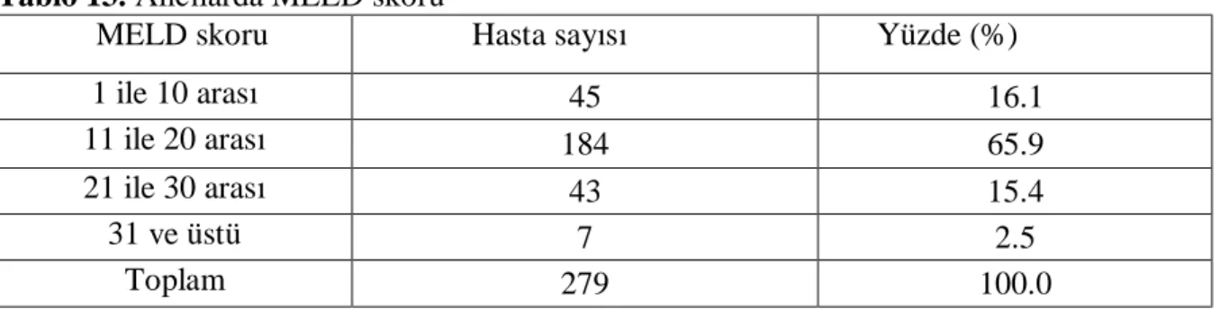 Tablo 13. Alıcılarda MELD skoru 