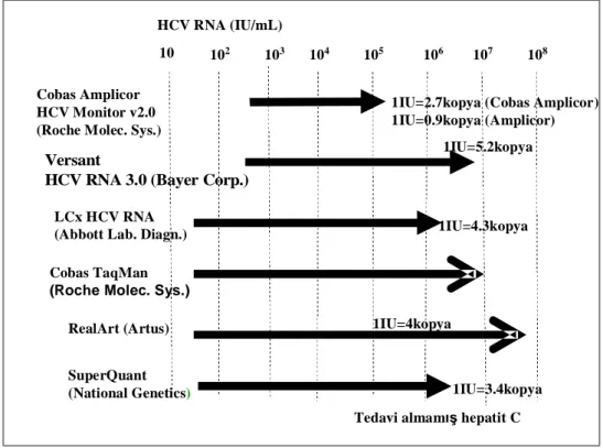 Şekil 5. HCV RNA testlerinin kantitasyon aralıklarının karşılaştırılması 