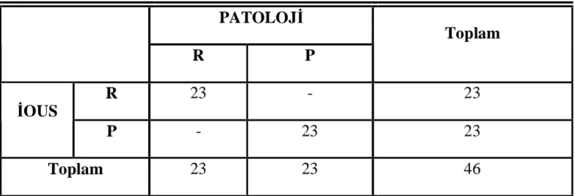 Tablo 9: İOUS-Patoloji verilerinin karşılaştırıldığı dört gözlü tablo  PATOLOJİ  R  P  Toplam  R  23  -  23  İOUS  P  -  23  23  Toplam  23  23  46 