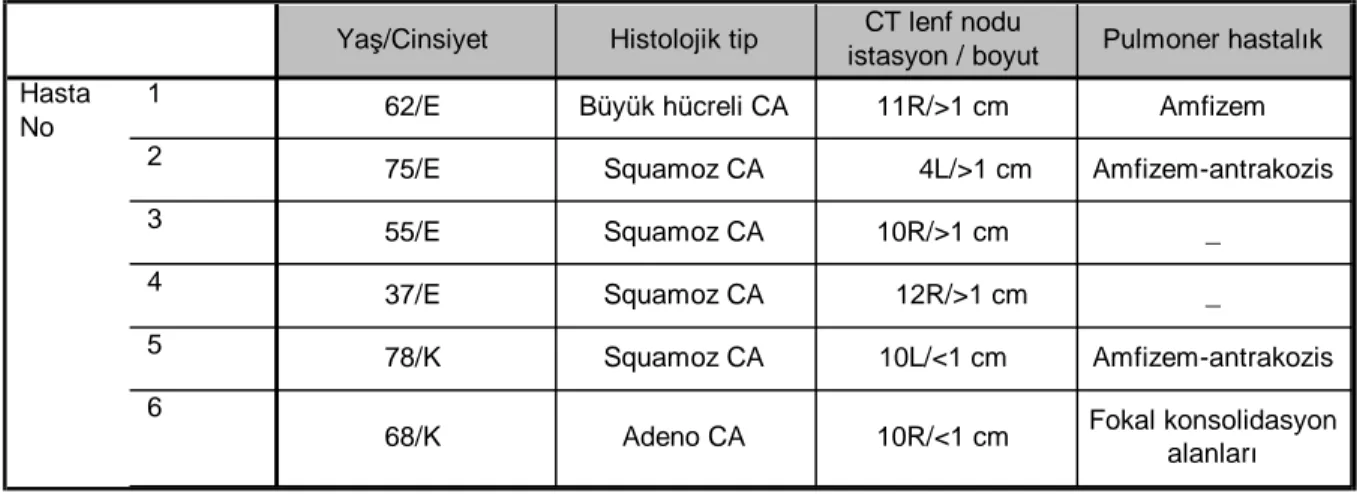 TABLO  11:  FDG  Tutulumu  Olan  Non-metastatik  Lenf  Nodu/Nodlarına  Sahip  Hastaların Bulguları 