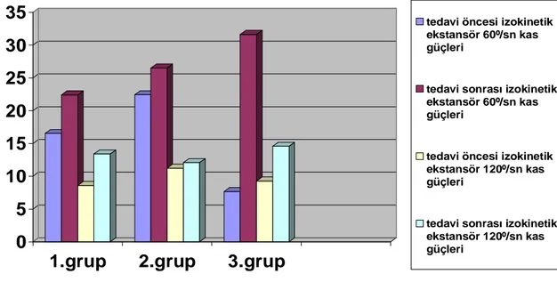Grafik  12.  Grupların  Tedavi  Öncesi  ve  3.ayda  60º/sn-120º/sn  Açısal  Hızlarda  İzokinetik Ekstansör Kas Güçleri 