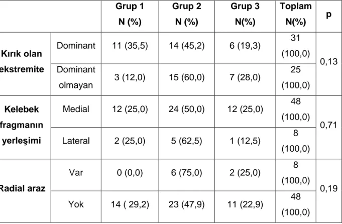 Tablo 9. Hasta gruplarına göre kırık ekstremitenin bazı özelliklerinin dağılımı    Grup 1  N (%)  Grup 2 N (%)  Grup 3  N(%)  Toplam N(%)  p  Kırık olan  ekstremite  Dominant  11 (35,5)  14 (45,2)  6 (19,3)  31  (100,0)  0,13 Dominant  olmayan  3 (12,0)  1