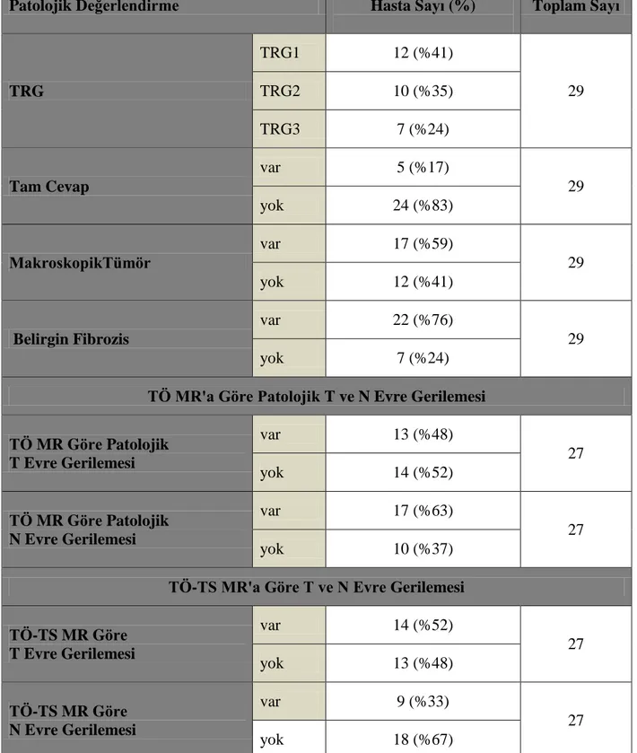 Tablo 10 Patoloji ve/veya MR'a göre değerlendirmede tedavi cevabı açısından oluşturulan alt 