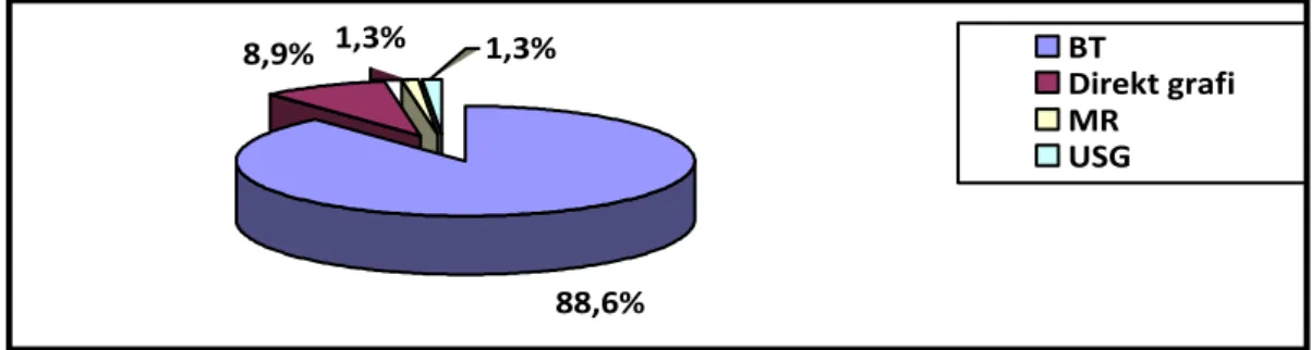Grafik  7.  Klinik  tanılarda  iç  organlarda  travmatik  lezyon  ve  göğüs/batın  boĢluklarına  penetre yaralanma olup olmadığının incelenmesinde kullanılan radyolojik görüntüleme  yöntemleri  88,6%8,9% 1,3%1,3% BT Direkt grafiMRUSG