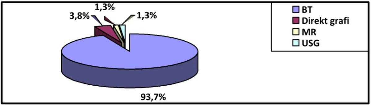 Grafik  8.  Radyolojik  tanılarda  iç  organlarda  travmatik  lezyon  ve  göğüs/batın  boĢluklarına penetre yaralanma olup olmadığının incelenmesinde kullanılan radyolojik  görüntüleme yöntemleri  93,7%1,3%3,8%1,3% BT Direkt grafiMRUSG