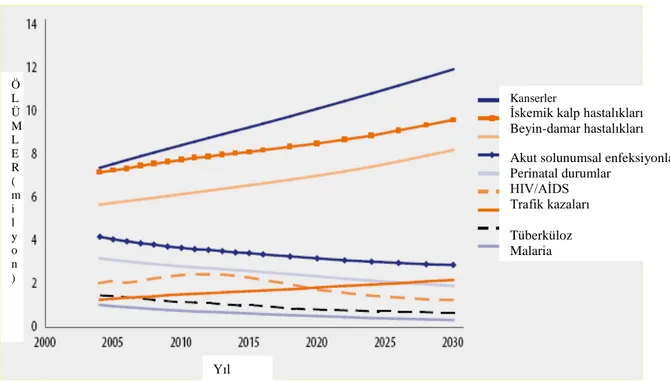 Grafik 4. Dünyada 2004- 2030 yılı seçilmiş nedenlere bağlı ölümlerin tahmini[2] 