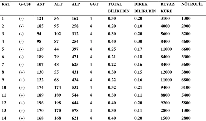 Tablo 7.  G-CSF verilmeyen grupta ortalama preoperatif laboratuar değerleri ile ortalama 