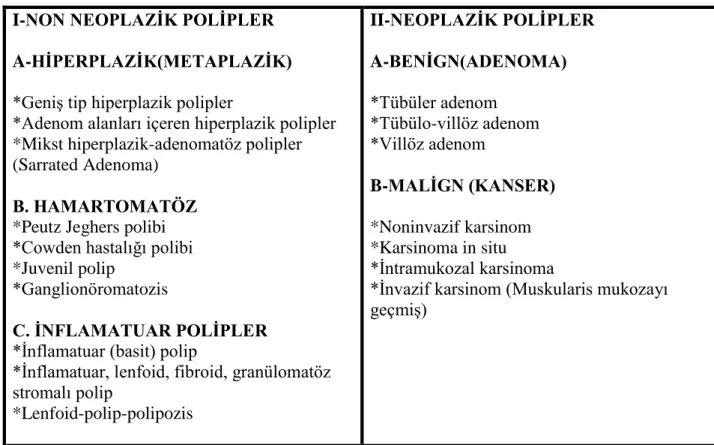 Tablo 1.  Kolorektal poliplerin sınıflaması 