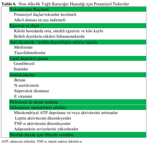 Tablo 6.  Non-Alkolik Yağlı Karaciğer Hastalığı için Potansiyel Tedaviler 