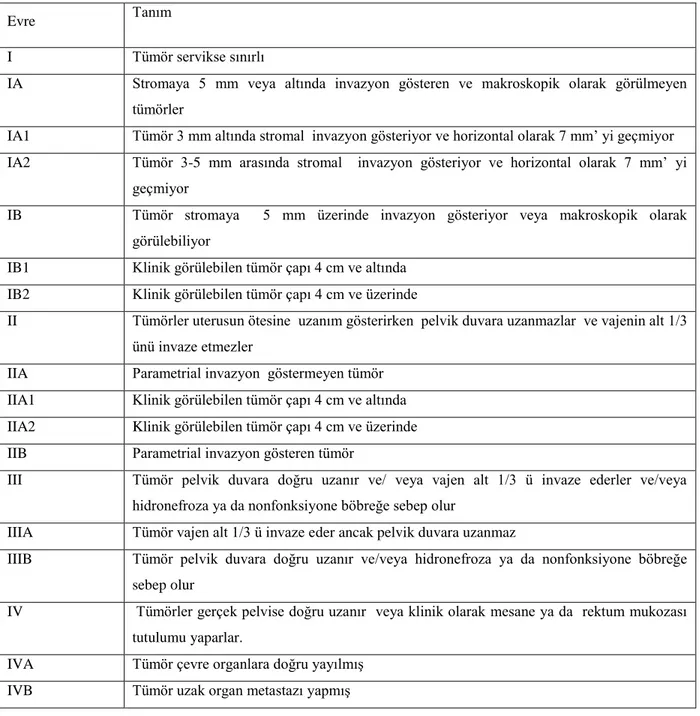 Tablo 2: FIGO Uterin serviks invaziv karsinom evrelemesi (2009 modifikasyonu) (45) 